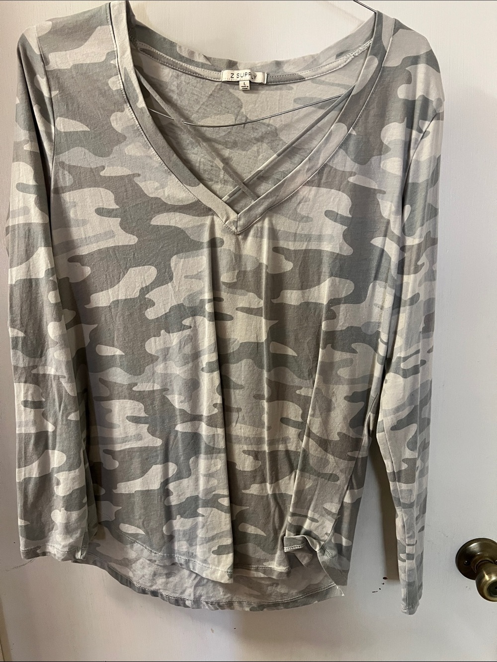 Z Supply Grey Camo Crisscross V-Neck Long Sleeve Top